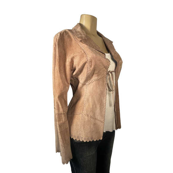 Bebe Jacket Womens Small Pink Genuine Leather Scallop Boho Y2K Tie Front 90s - Picture 6 of 16